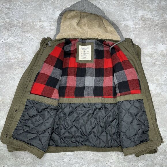 American Eagle Sherpa Lined Canvas Jacket Olive Green Plaid Hood L - Picture 5 of 13